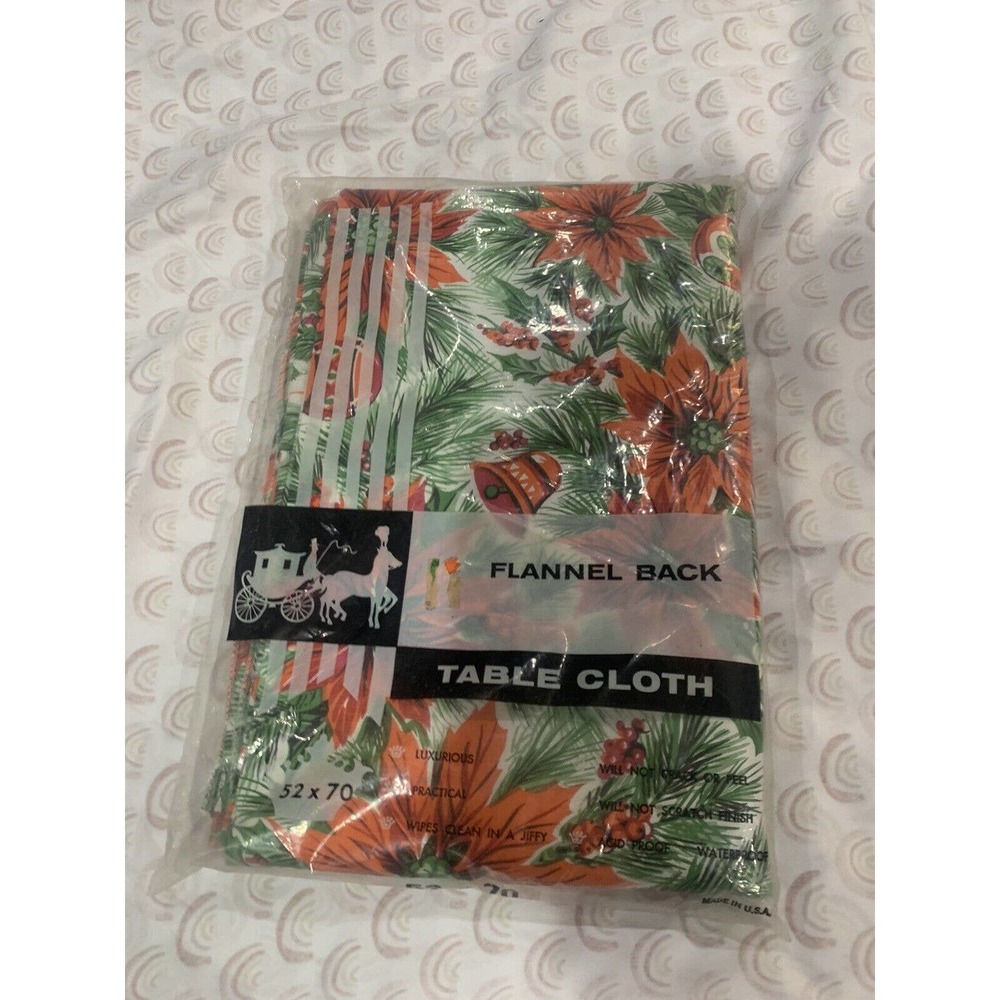 VTG Trim A Home Vinyl Flannel Back Christmas Pointsetta Tablecloth 52x70 NOS 70s